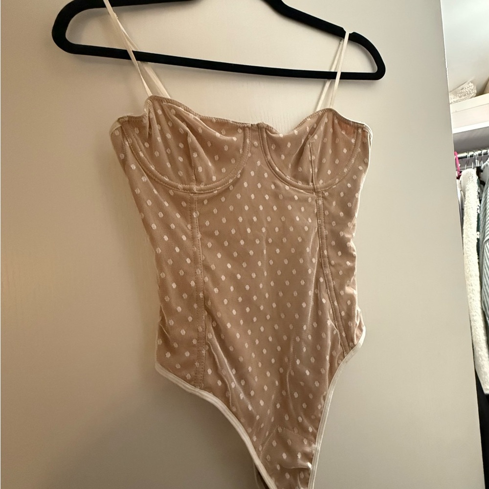 White Fox Polka Dot Beige Bodysuit, corset & mesh, size M